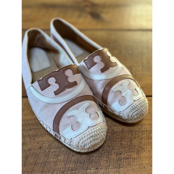 Tory Burch Poppy Espadrille Canvas Leather Tan Logo Womens Flat Shoes Size 8 - Picture 1 of 11